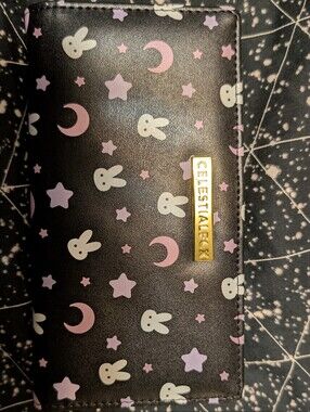 Cute Bunny & Moon Zip Wallet - Black with Pink & Cream Print